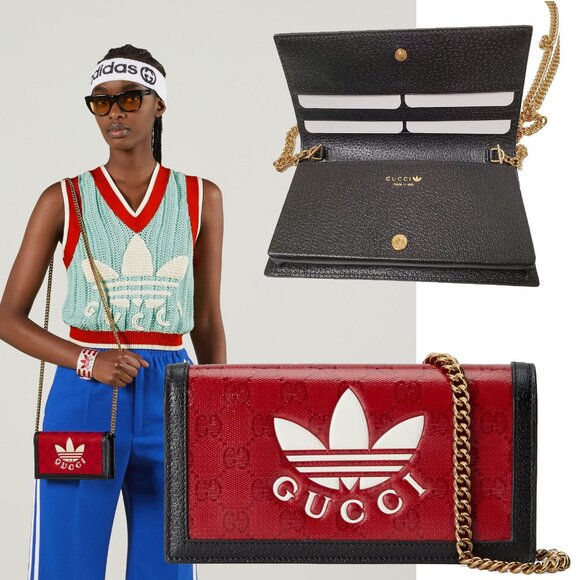 GUCCI WALLET ADIDAS X RED GG CRYSTAL CANVAS TREFOIL SIGNATURE CHAIN - Picture 1 of 15